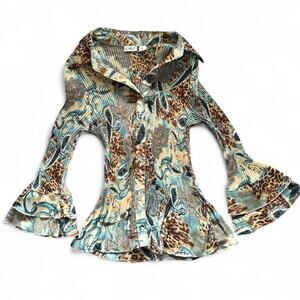 Y2k grunge fairy earth toned stretchy button up w/ bell sleeves CATO womens M